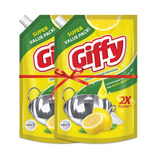 Deals, Discounts & Offers on  - Giffy Liquid Dish Wash Gel with Active Salt & Lemon| 2x Faster Tough Grease Removal & Natural Fragrance| Removes Odour| Easy Lather & Rinse Off| Leaves No White Residues| Hand-Safe| 900ml (Pack of 2)