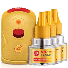 Deals and Offers on - Good Knight Gold Flash Liquid Vapourizer | Mosquito Repellent Combo Pack | Machine + Pack Of 3 Refills (45Ml Each) Deals, Discounts & Offers on - Good Knight Gold Flash Liquid Vapourizer | Mosquito Repellent Combo Pack | Machine + Pack Of 3 Refills (45Ml Each)
