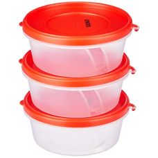 Deals and Offers on - Amazon Brand - Solimo Nestable & Stackable Polypropylene Container Set, Round, 500 ml, Set of 3, Red Deals, Discounts & Offers on - Amazon Brand - Solimo Nestable & Stackable Polypropylene Container Set, Round, 500 ml, Set of 3, Red