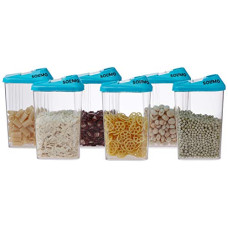 Deals, Discounts & Offers on  - Amazon Brand - Solimo Plastic Storage Containers with Sliding Mouth (Set of 6, 1100ml, Blue)