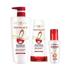 Deals and Offers on - L'Oreal Paris Repairing Shampoo + Restoring Conditioner + Smoothening and Repairing Serum For Damaged and Weak Hair, With Pro-Keratin, Ceramide+UV Filter, Total Repair 5, Bundle pack Deals, Discounts & Offers on - L'Oreal Paris Repairing Shampoo + Restoring Conditioner + Smoothening and Repairing Serum For Damaged and Weak Hair, With Pro-Keratin, Ceramide+UV Filter, Total Repair 5, Bundle pack