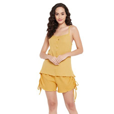 Deals and Offers on Women - Clovia Women's Cotton Chic Basic Button Cami Top & Shorts Set in Yellow Deals, Discounts & Offers on Women - Clovia Women's Cotton Chic Basic Button Cami Top & Shorts Set in Yellow