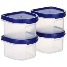 Deals and Offers on - Amazon Brand - Solimo Modular Plastic Storage Containers with Lid, Set of 4 (250ml each), Blue Deals, Discounts & Offers on - Amazon Brand - Solimo Modular Plastic Storage Containers with Lid, Set of 4 (250ml each), Blue