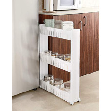 Deals and Offers on - Amazon Basics Plastic 3 Layer Slim Storage Organizer Rack With Wheels (White, Standard) Deals, Discounts & Offers on - Amazon Basics Plastic 3 Layer Slim Storage Organizer Rack With Wheels (White, Standard)