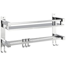 Deals, Discounts & Offers on  - Amazon Brand - Solimo Stainless Steel Bathroom Shelf/Rack with Towel Holder/Towel Hooks/Bathroom Accessories Wall-Mount (Chrome Finish) (2- Shelf)