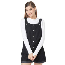 Deals, Discounts & Offers on Women - Miss Chase Women's Black Solid Buttoned Short Denim Dungaree