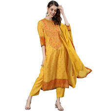 Deals and Offers on Women - ishin Women's Pure Silk Embroidered Zari Mustard Bandhani Print Straight Kurta suit set With Dupatta & Trouser Deals, Discounts & Offers on Women - ishin Women's Pure Silk Embroidered Zari Mustard Bandhani Print Straight Kurta suit set With Dupatta & Trouser