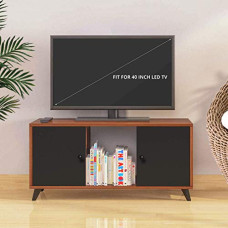 Deals, Discounts & Offers on Furniture - Klaxon Engineered Wood, Matt Finish Selian TV Unit/Display Storage Cabinet Rack with Decor Shelf (Asian Walnut & Black, Set of 1)