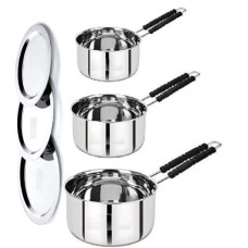Deals and Offers on Cookware - LIMETRO STEEL Set of 3 Flat Bottom Base Saucepan with Lid / Tea Coffee Pan Set / Cookware Set (Stainless Steel, 3 - Piece) Deals, Discounts & Offers on Cookware - LIMETRO STEEL Set of 3 Flat Bottom Base Saucepan with Lid / Tea Coffee Pan Set / Cookware Set (Stainless Steel, 3 - Piece)