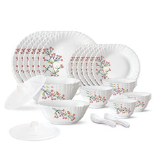 Deals, Discounts & Offers on  - Larah by Borosil Red Bud Silk Series Opalware Dinner Set | 35 Pieces for Family of 6 | Microwave & Dishwasher Safe | Bone-Ash Free | Crockery Set