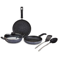 Deals and Offers on Cookware - Amazon Brand - Solimo 6 Piece Non-Stick Cookware Set | Granite Finish | Induction Base | PFOA Free | HTR Exterior Coating | 25cm Tawa, 22 cm Kadai, 22cm Fry Pan, 1 Glass Lid & 2 Nylon Spatulas | Grey Deals, Discounts & Offers on Cookware - Amazon Brand - Solimo 6 Piece Non-Stick Cookware Set | Granite Finish | Induction Base | PFOA Free | HTR Exterior Coating | 25cm Tawa, 22 cm Kadai, 22cm Fry Pan, 1 Glass Lid & 2 Nylon Spatulas | Grey