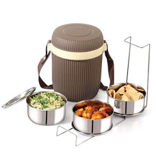 Deals and Offers on - CELLO Wow Lunch Box with Inner Stainless Steel, 3 Units, Brown Deals, Discounts & Offers on - CELLO Wow Lunch Box with Inner Stainless Steel, 3 Units, Brown