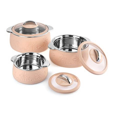Deals and Offers on - Cello Royale Combo of 3 Casseroles with Insulated Stainless Steel and Glass Lid, Capacity - 600+1100+1600ml, Beige Deals, Discounts & Offers on - Cello Royale Combo of 3 Casseroles with Insulated Stainless Steel and Glass Lid, Capacity - 600+1100+1600ml, Beige