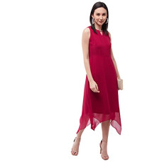 Deals, Discounts & Offers on Women - Miss Chase Women's Pink Solid Georgette Regular Fit Round Neck Sleeveless Crop Length Dress