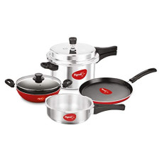Deals and Offers on Cookware - Pigeon by Stovekraft Induction Base 4-in-1 Starter Kit, Silver, Aluminium (Pressure Cooker, Pressure Pan, Tawa, and Kadhai Set) Deals, Discounts & Offers on Cookware - Pigeon by Stovekraft Induction Base 4-in-1 Starter Kit, Silver, Aluminium (Pressure Cooker, Pressure Pan, Tawa, and Kadhai Set)