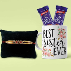 Deals, Discounts & Offers on  - CraftVatika Rakhi Gift For Sister Combo With Chocolate and Mug, Designer Om Rakhi with Printed Mug and Cadbury Chocolate