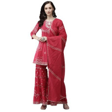 Deals and Offers on Women - ishin Women's Cotton Blend Embroidered Anarkali Peplum Kurta Sharara Dupatta Set Deals, Discounts & Offers on Women - ishin Women's Cotton Blend Embroidered Anarkali Peplum Kurta Sharara Dupatta Set