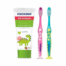 Deals, Discounts & Offers on  - Enshine Oral care (pack of 3) Kids Toothpaste(80gm) Strawberry Flavor + 2 Toothbrush to Reduce Plaque|Fresh Breath|Oral Care|Non Irritant|Fluoride Free|Sulphate Free|Paraben Free