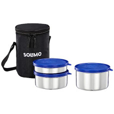 Deals, Discounts & Offers on  - Amazon Brand - Solimo Executive Lunch Box Set | Stainless Steel Containers - Set of 3 (250 ML + 400 ML + 550 ML) & Insulated Easy-to-Carry Lunch Bag
