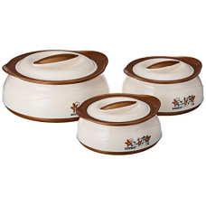 Deals and Offers on - Amazon Brand - Solimo Chemical-Free Plastic and Stainless Steel Casserole (Brown Silver, 450/900/1450 ml) -Set of 3 Deals, Discounts & Offers on - Amazon Brand - Solimo Chemical-Free Plastic and Stainless Steel Casserole (Brown Silver, 450/900/1450 ml) -Set of 3