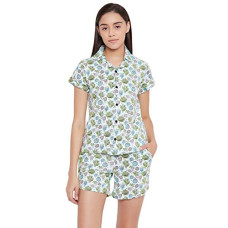 Deals and Offers on Women - Clovia Women's Cotton Printed Button Down Shirt & Shorts Deals, Discounts & Offers on Women - Clovia Women's Cotton Printed Button Down Shirt & Shorts