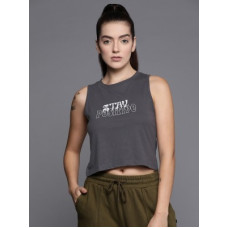 Deals, Discounts & Offers on  - HRX by Hrithik RoshanWomen Printed Round Neck Pure Cotton Grey T-Shirt