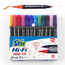 Deals, Discounts & Offers on Stationery - Stic 12 Brush Dual Tip Porous Pens Fineliner Art Markers Doodle Acrylic Alcohol Soft professional Set Assorted Sketch Colours calligraphy lettering adult journal outline highlighting scrapbooking