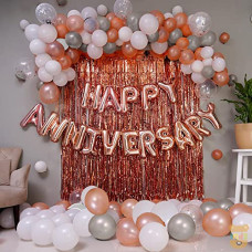 Deals and Offers on - Just Party Set of 63Pcs - 15 Rosegold 15 Silver 15 White Metallic Balloons, Rosegold Happy Anniversary Foil Balloons, 2 Rosegold Curtains Theme Backdrop Deals, Discounts & Offers on - Just Party Set of 63Pcs - 15 Rosegold 15 Silver 15 White Metallic Balloons, Rosegold Happy Anniversary Foil Balloons, 2 Rosegold Curtains Theme Backdrop