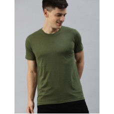 Deals, Discounts & Offers on  - HERE&NOWMen Solid Round Neck Pure Cotton Dark Green T-Shirt