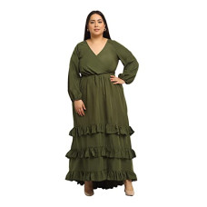 Deals, Discounts & Offers on Women - Flambeur Full Sleeve V Neck Regular Fit OliveGreen Color Crepe Fabric Solid Print Full Length Maxi Dress