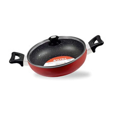 Deals and Offers on Cookware - BALTRA Nonstick kadai with Lid 1.75 LTR 22 cm (Maroon) Marble Finish (BTN-204) Deals, Discounts & Offers on Cookware - BALTRA Nonstick kadai with Lid 1.75 LTR 22 cm (Maroon) Marble Finish (BTN-204)