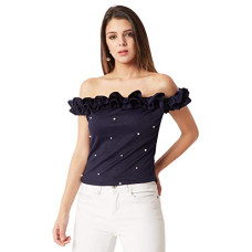Deals, Discounts & Offers on Laptops - [Size L] Miss Chase Women's Navy Blue Off-Shoulder Pearl Ruffled Top