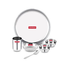 Deals and Offers on - Storehaus Stainless Steel 6 pc (1 Thali+2 Katori+1glass+1 Spoon+1 Halwa Plate) Kitchenware Set Ideal Deals, Discounts & Offers on - Storehaus Stainless Steel 6 pc (1 Thali+2 Katori+1glass+1 Spoon+1 Halwa Plate) Kitchenware Set Ideal