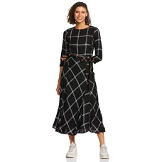 Deals and Offers on Women - AND Womens Round Neck Checked Calf Length Dress Deals, Discounts & Offers on Women - AND Womens Round Neck Checked Calf Length Dress