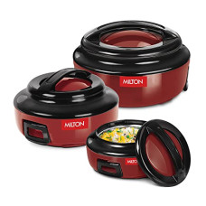 Deals and Offers on - MILTON Ernesto Inner Stainless Steel Casserole Set of 3 (420 ml, 850 ml, 1.43 litres), Red | Easy to Carry | Serving | Stackable | Microwave Safe Deals, Discounts & Offers on - MILTON Ernesto Inner Stainless Steel Casserole Set of 3 (420 ml, 850 ml, 1.43 litres), Red | Easy to Carry | Serving | Stackable | Microwave Safe