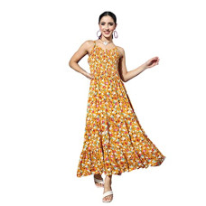 Deals, Discounts & Offers on Women - ishin Women's Mustard Floral Smocked Dress