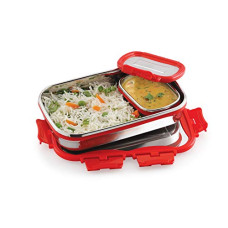 Deals and Offers on - CELLO Click It Stainless Steel Lunch Pack, Red, 925ml | Stainless Steel Lunch Box with Veg Box | Lunch Box with Snap Lock | Perfect Deals, Discounts & Offers on - CELLO Click It Stainless Steel Lunch Pack, Red, 925ml | Stainless Steel Lunch Box with Veg Box | Lunch Box with Snap Lock | Perfect
