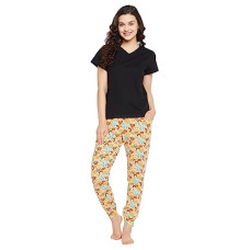 Deals, Discounts & Offers on Women - [Size L] Clovia Women's Cotton Chic Basic Top in Black & Print Me Pretty Pyjama in Black