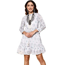 Deals, Discounts & Offers on Women - ishin Women's Cotton Blend Grey Embellished A-Line Tiered Dress