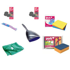 Deals, Discounts & Offers on Home Improvement - YORK Kharata Broom + Sponge Wipes 3 Pcs + Kitchen Scouring Sponge Premium 5 Pcs + Dust Pan + Steel Mesh Scrubber Mega 2 Pc + Microfiber Floor Cloth Power Collect