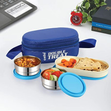 Deals, Discounts & Offers on  - CELLO Double Treat Lunch Box with Jacket, 3 Container, (2 Units Round Container - 300 ml, 1 Unit Oval Container), Blue, Stainless Steel, Plastic
