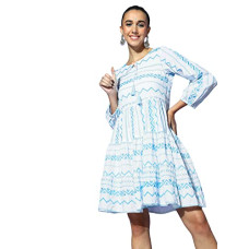 Deals, Discounts & Offers on Women - ishin Women's White & Blue Embroidered A-Line Dress