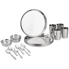 Deals and Offers on - Amazon Brand - Solimo Stainless Steel Heavy Gauge Solid Dinner Set, 24 Pcs | Mirror Finish I Bhojan Thali Set I Dinnerware Set Deals, Discounts & Offers on - Amazon Brand - Solimo Stainless Steel Heavy Gauge Solid Dinner Set, 24 Pcs | Mirror Finish I Bhojan Thali Set I Dinnerware Set