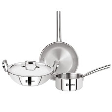 Deals, Discounts & Offers on Cookware - Bergner Tripro Triply Stainless Steel 4 Pc Cookware Set, 24 cm Indian Wok/Kadai with Lid, 22 cm Frypan, 16 cm Tea Pan, Even and Fast Heating, Induction Bottom, Gas Ready, Silver
