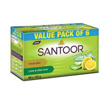 Deals, Discounts & Offers on  - Santoor Fresh Skin Aloe Vera & Lime Bathing Soap with Nourishing & Anti-Aging Properties| For Smooth & Soft and Younger-Looking Skin| For All Skin Types| 125g, Pack of 6