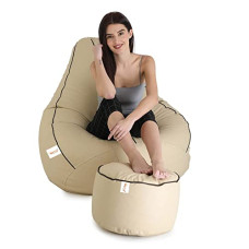 Deals, Discounts & Offers on Furniture - SATTVA Faux Leather XXXL Classic Filled Bean Bag with Footrest Combo (with Beans) (Beige with Brown Piping)