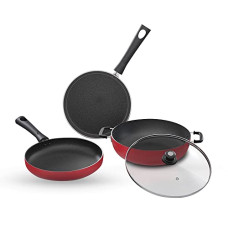 Deals, Discounts & Offers on Cookware - Lifelong Induction Base Non Stick Aluminium Cookware Set of 3| Nonstick Kadai with Glass Lid, 23cm| Nonstick Flat Tawa, 24cm| Nonstick Frying Pan, 22cm (Burgundy, LLCK21)