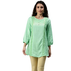 Deals, Discounts & Offers on Women - [Size L] SheWill Cotton Blend Stripe Print Embroidered A-Line Tunic