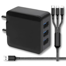 Deals, Discounts & Offers on Mobile Accessories - Cablebasket 3 amp Charger Wall Adapter with 3.1A Fast Charging Triple 3 USB Port USB Charging Cables