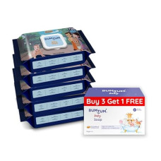 Deals, Discounts & Offers on Baby Care - Bumtum Chota Bheem Gentle Soft Moisturizing Wet Wipes with Lid - 360 Pcs.(Pack of 5) & Baby Soap (4N x 50 Gram) Combo
